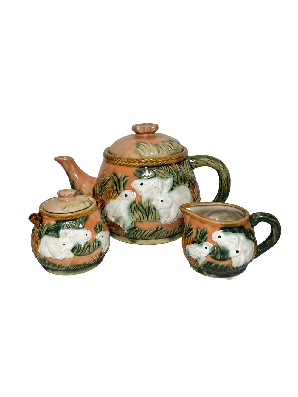 Henriksen Imports Vintage Majolica Ceramic Bunny Rabbit Teapot Creamer Sugar Set